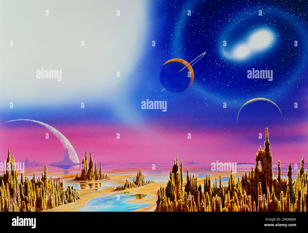 Alien world. Illustration of a lifeless alien landscape under a sky ...