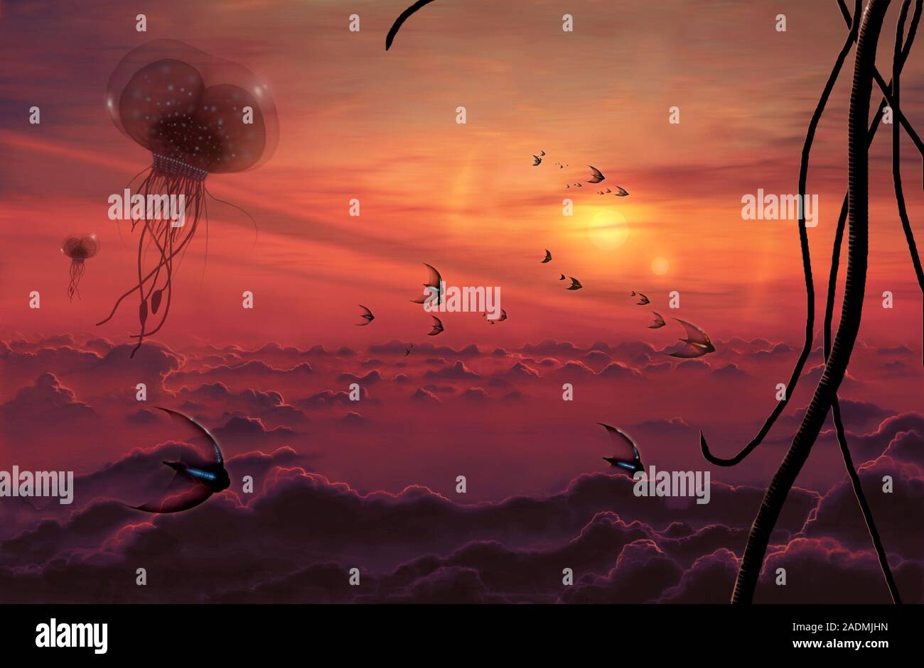 Flying aliens. Artwork of jellyfish-like floating lifeforms and flying ...