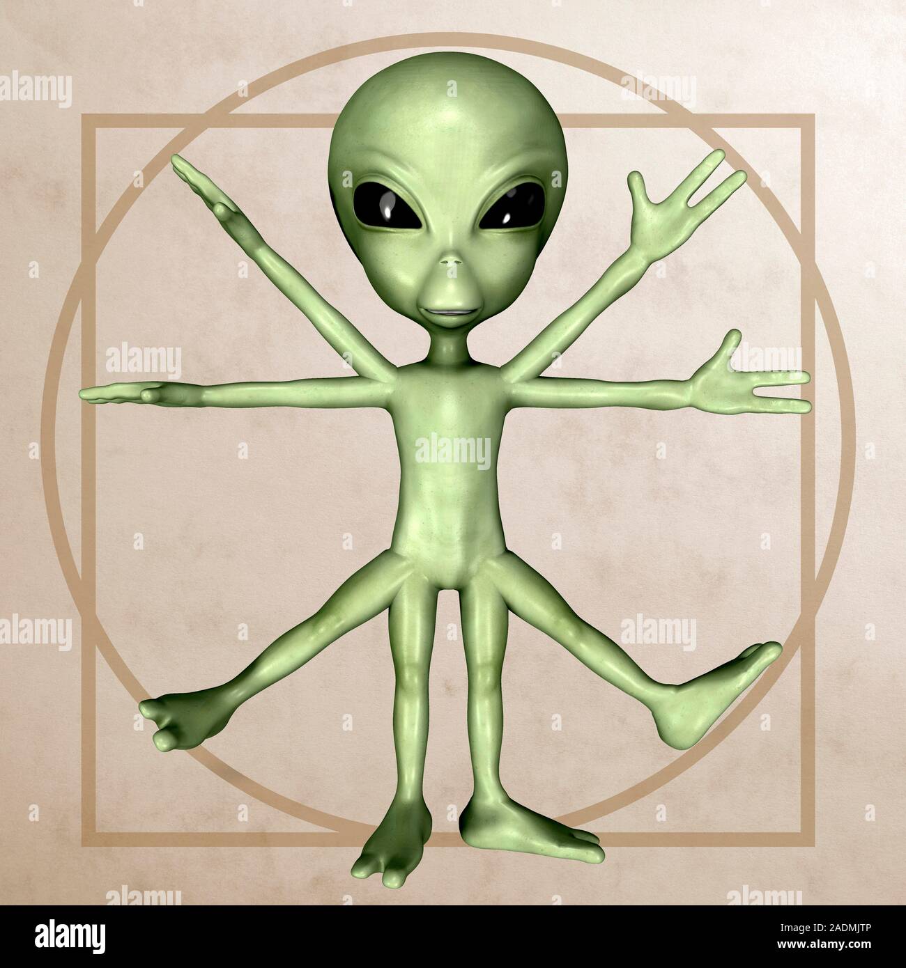 Alien. Computer artwork of an alien life form based on Italian artist Leonardo da Vinci's Vitruvian Man (circa 1492). Stock Photo