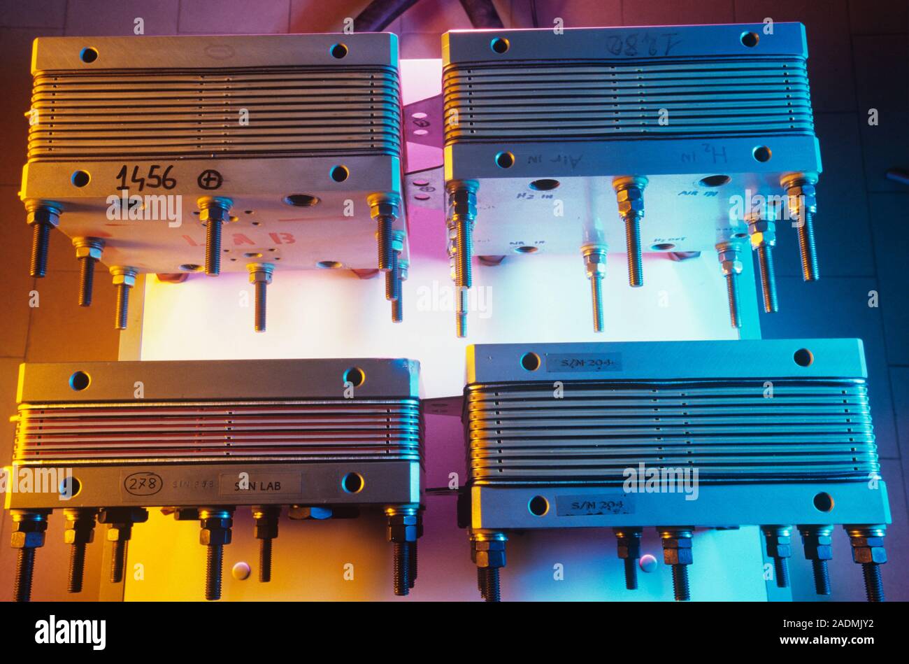 Fuel cells in a laboratory. These fuel cells combine hydrogen and