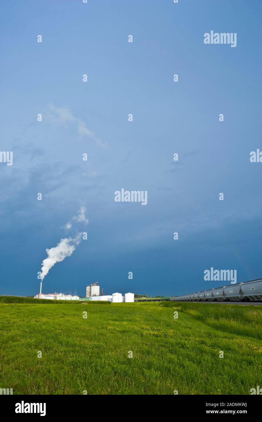 Corn ethanol processing plant. A train of grain cars (lower right