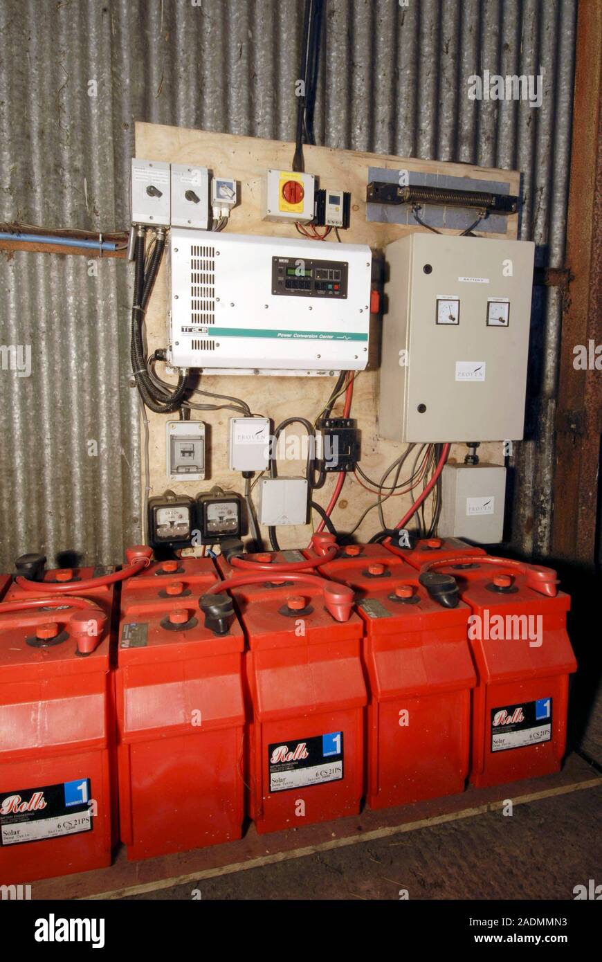 Wind turbine control panel and batteries. These batteries store energy