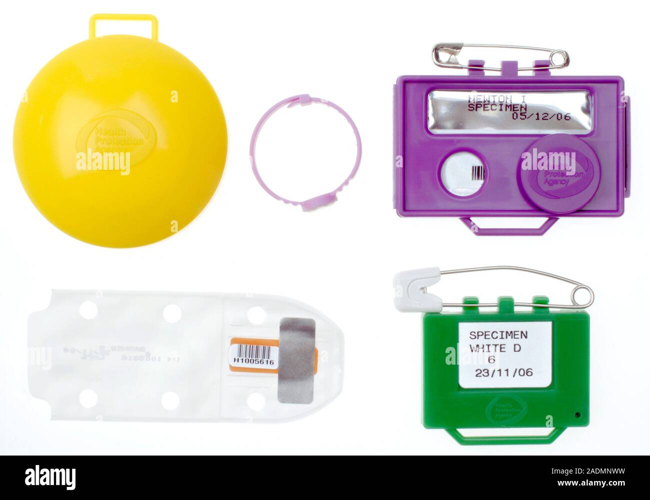 Personal radiation dose meters (dosimeters). The types seen here are ...