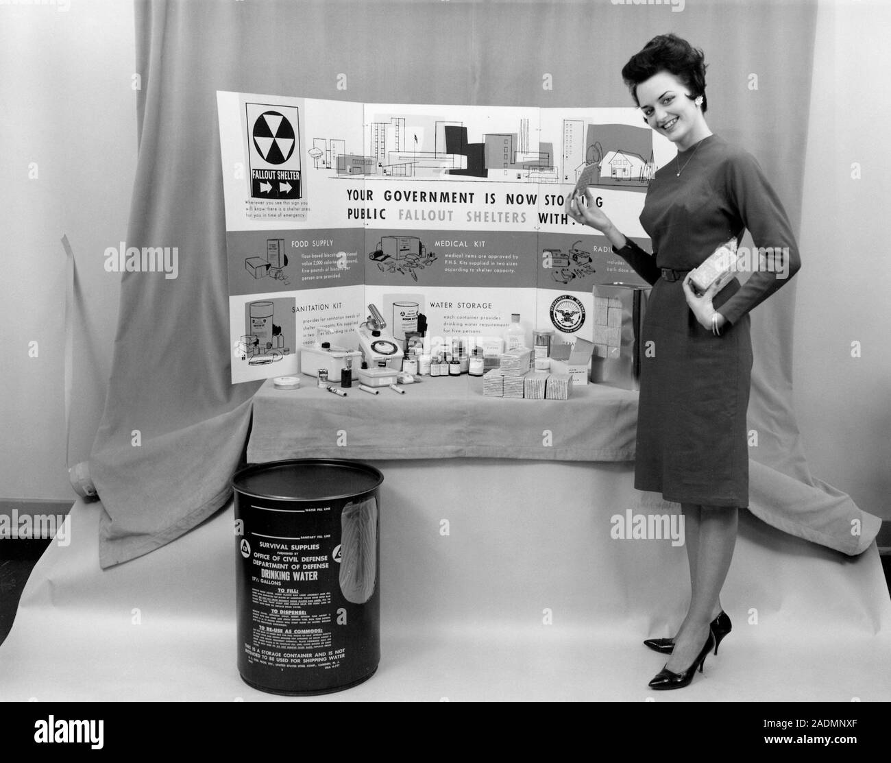 Fallout shelter supplies at an exhibit in the USA during the Cold War
