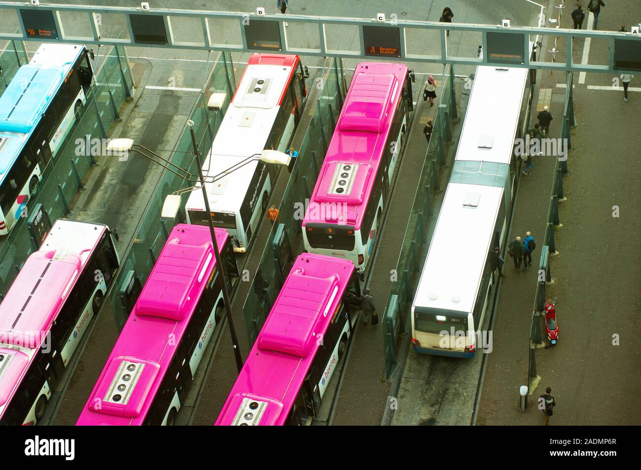 Nijmegen, Netherlands - November 22, 2019: Buses to transport people at Nijmegen station seen from above Stock Photo
