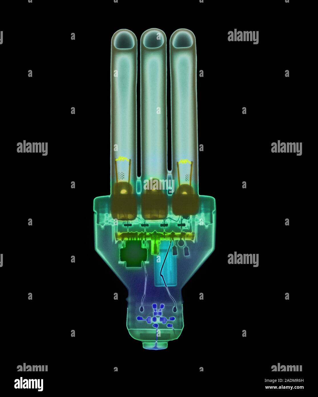 Halogen light bulb. Coloured Xray of a gooseneck halogen light bulb