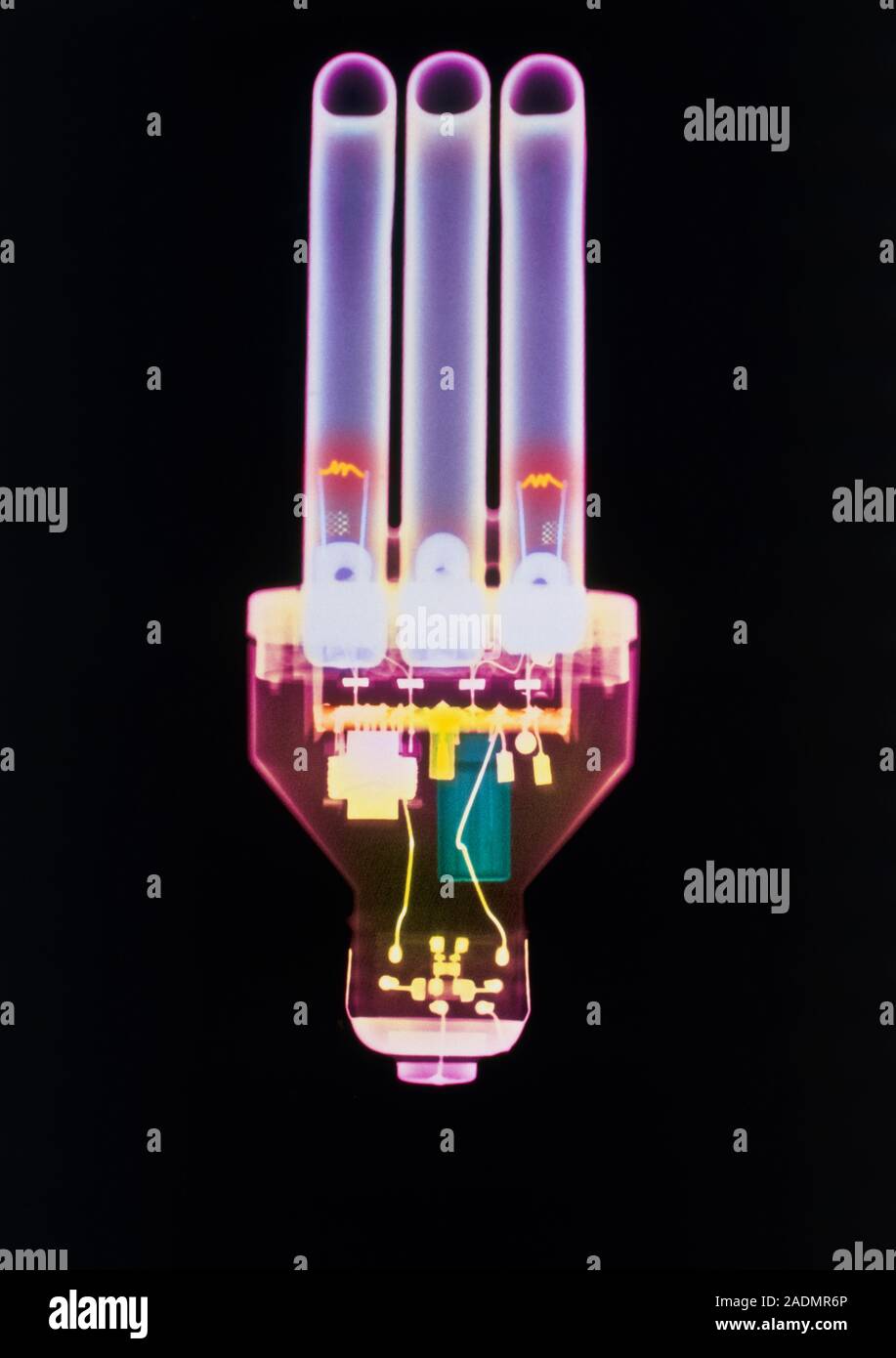 Halogen light bulb. Coloured Xray of a gooseneck halogen light bulb