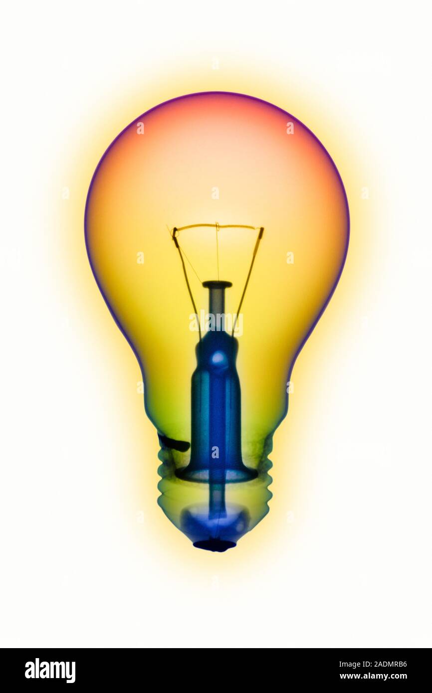 Electric light bulb, coloured Xray. This consists of a glass bulb that seals a metal filament