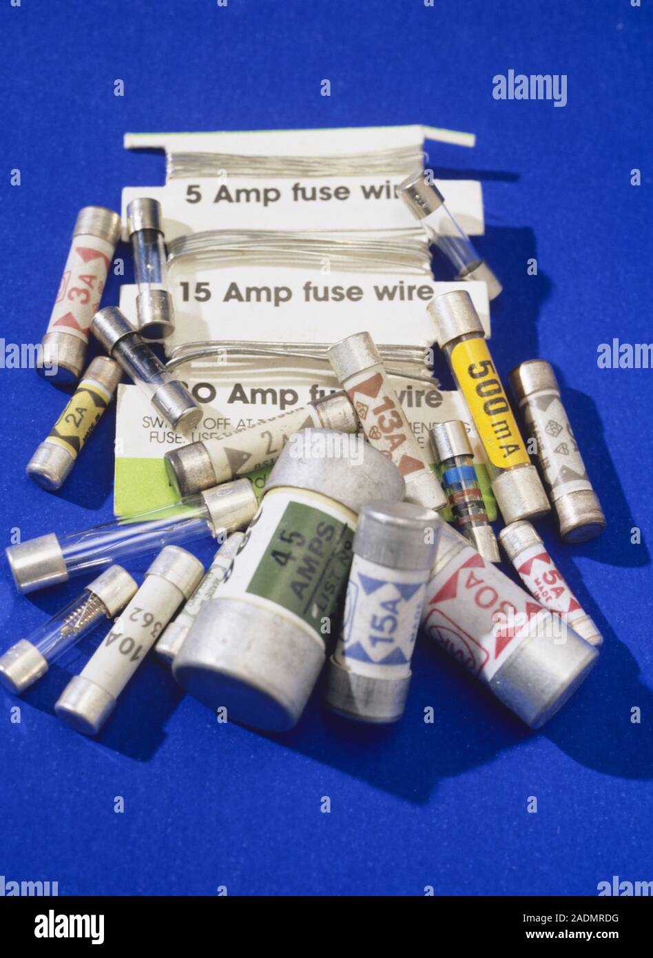 Electrical fuses. Collection of electrical fuses and fuse wires. Fuses