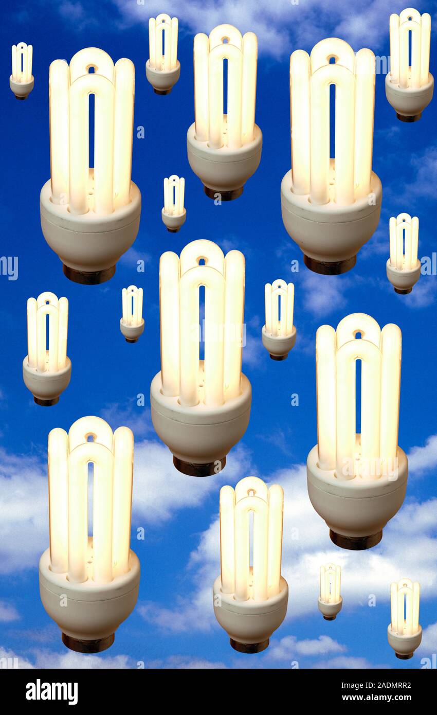 Energy saving light bulbs in the sky, composite image. Stock Photo