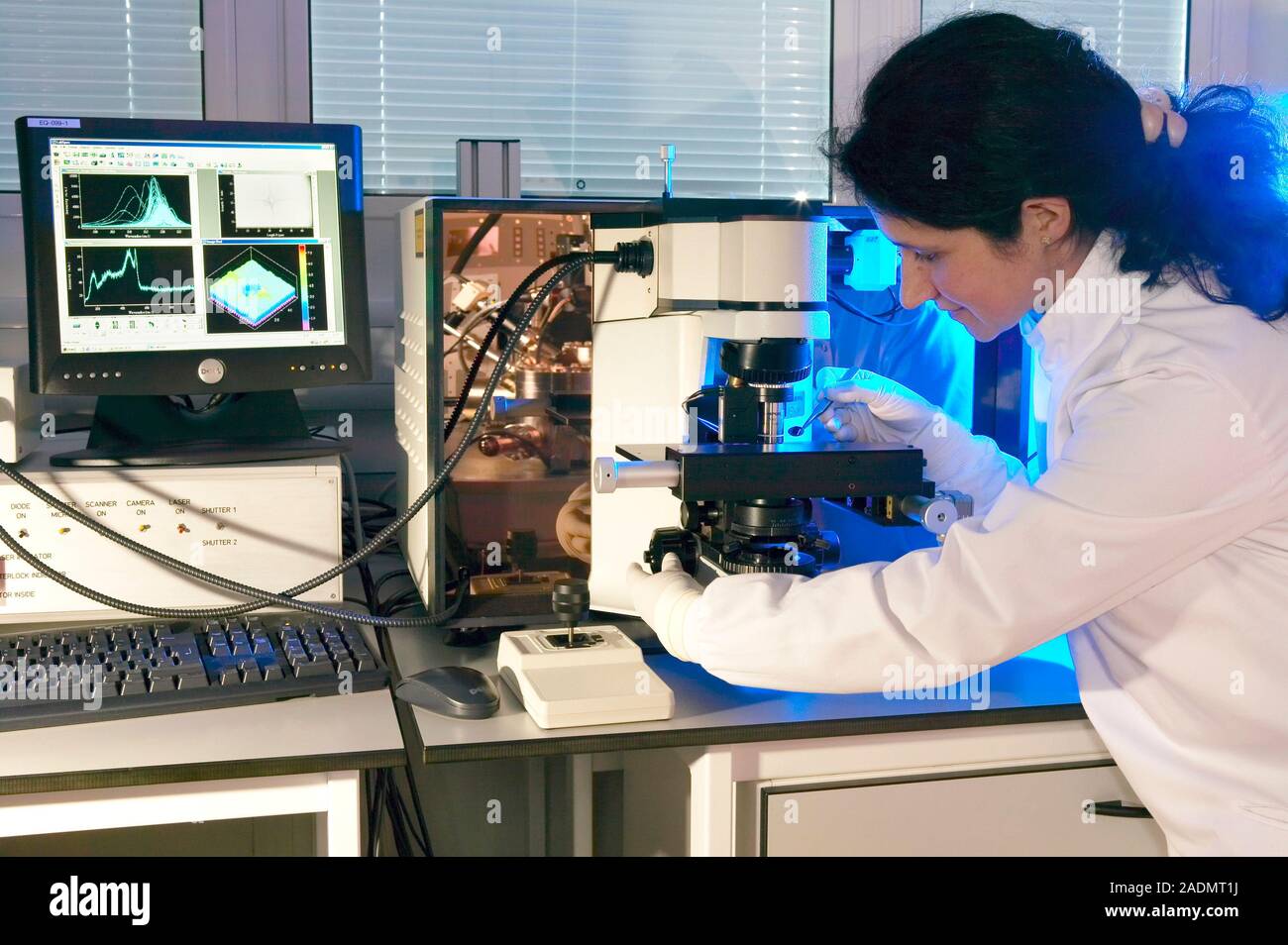 MODEL RELEASED. Raman microscopy and spectroscopy. Researcher (right