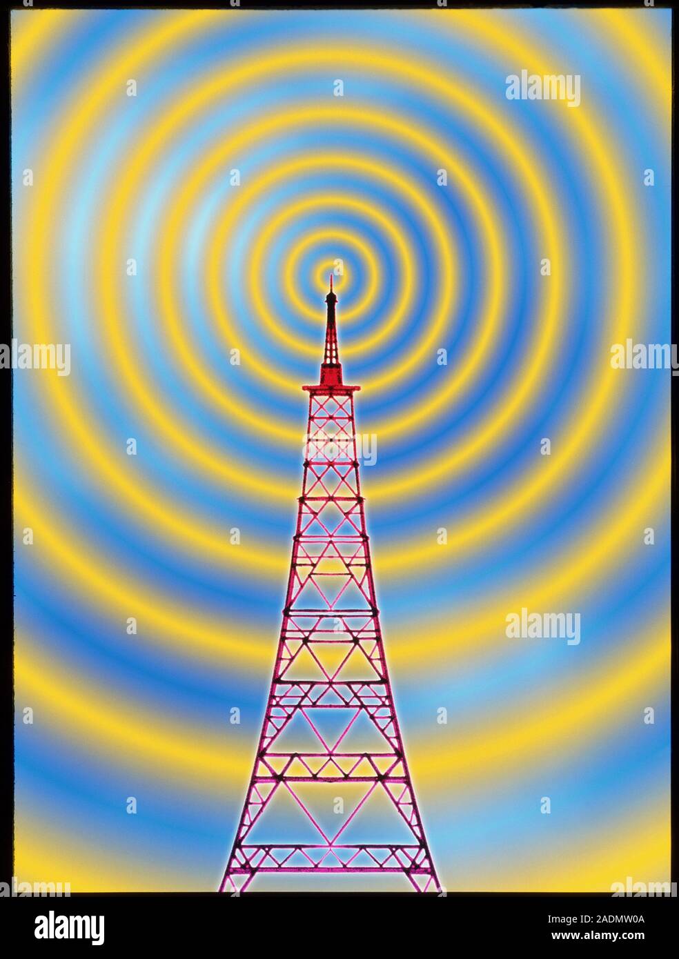 Radio transmission. Computer graphic illustration depicting radio waves