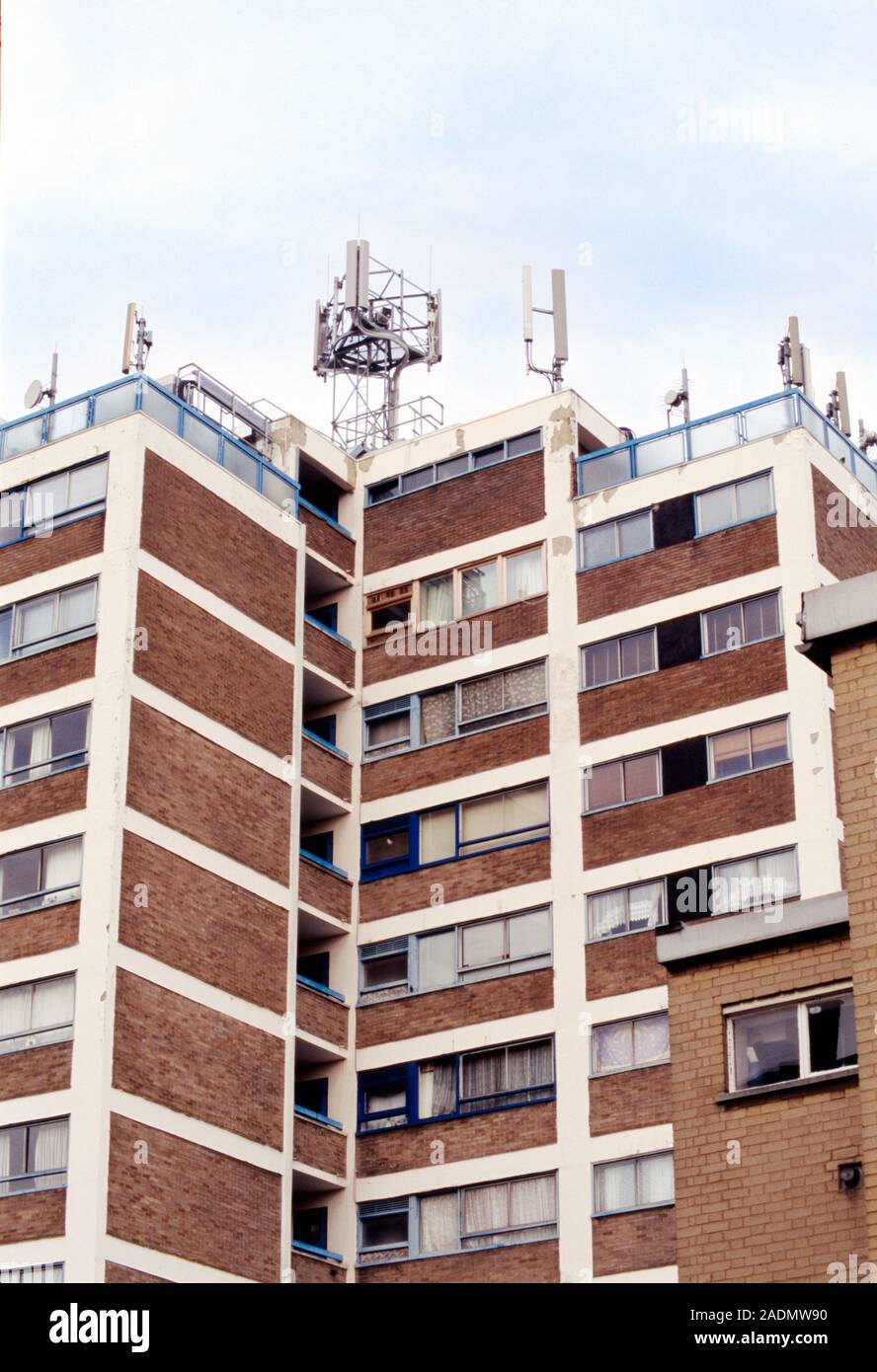 Mobile phone masts on top of a block of flats in Finsbury Park, London