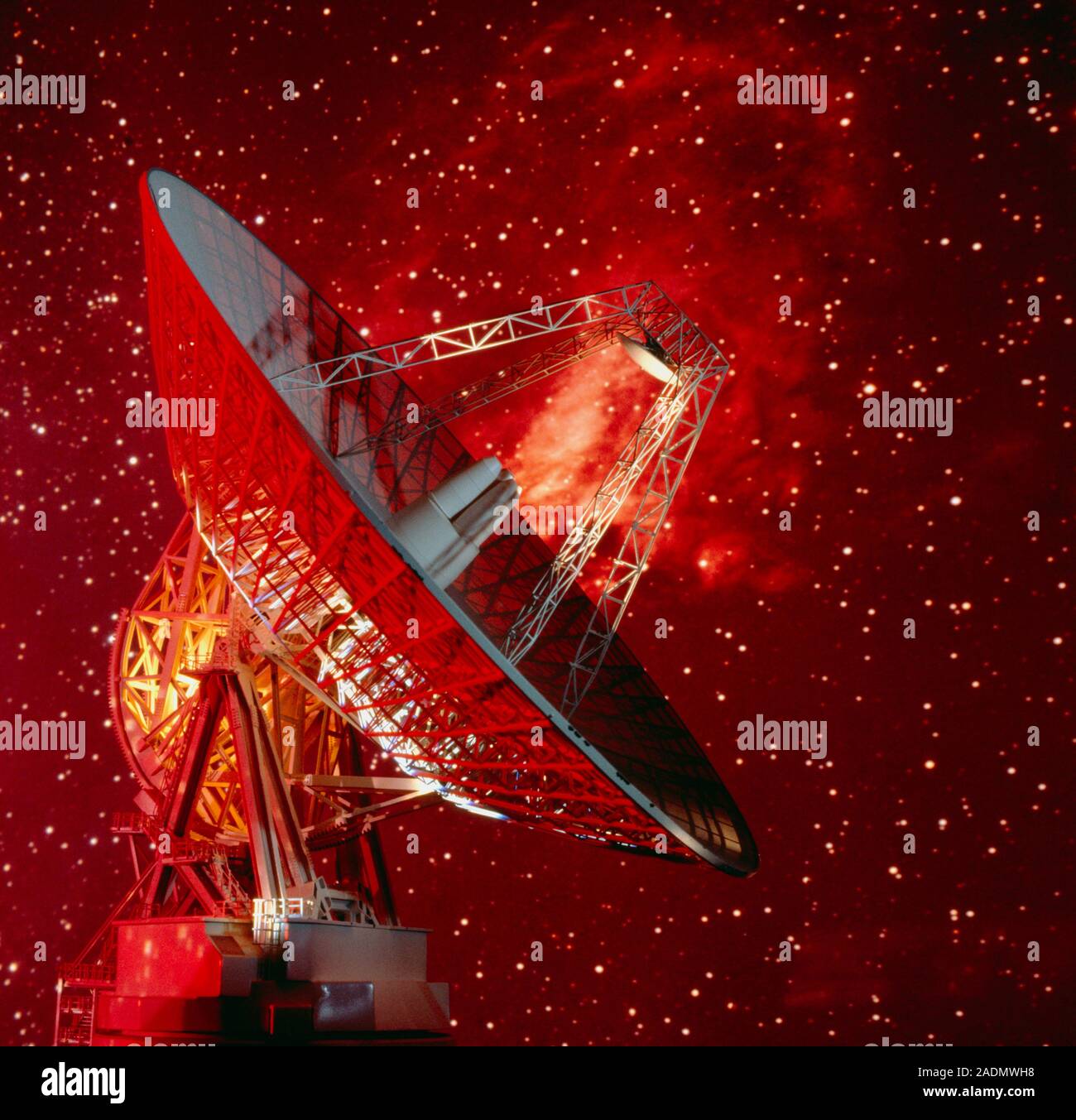 Composite image of the Goldstone radio dish antenna and a star field