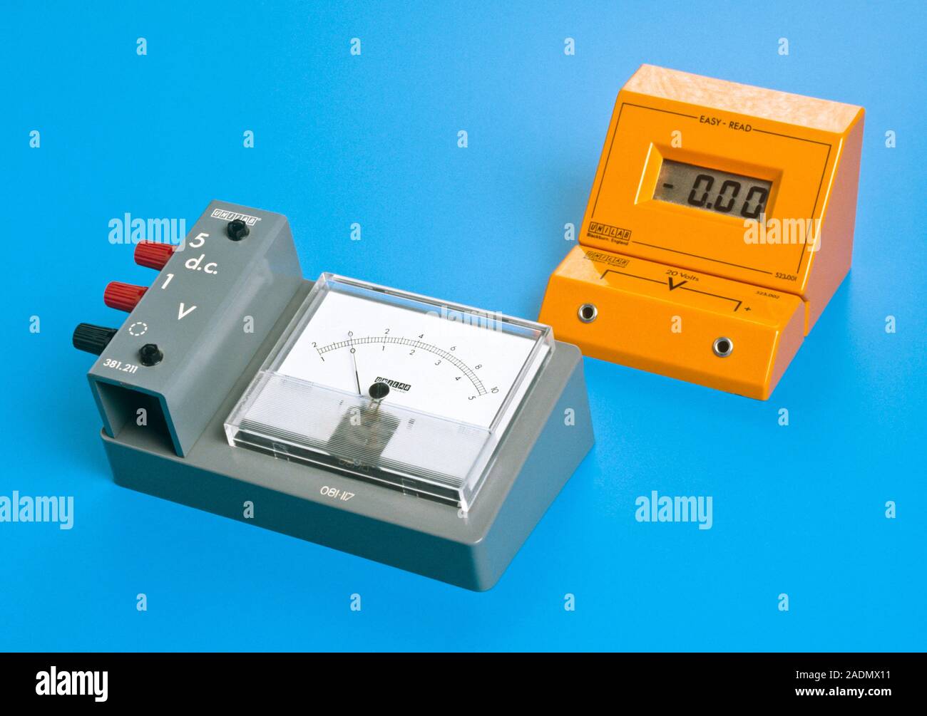 Voltmeters. Digital (orange) and analogue voltmet ers (galvanometers
