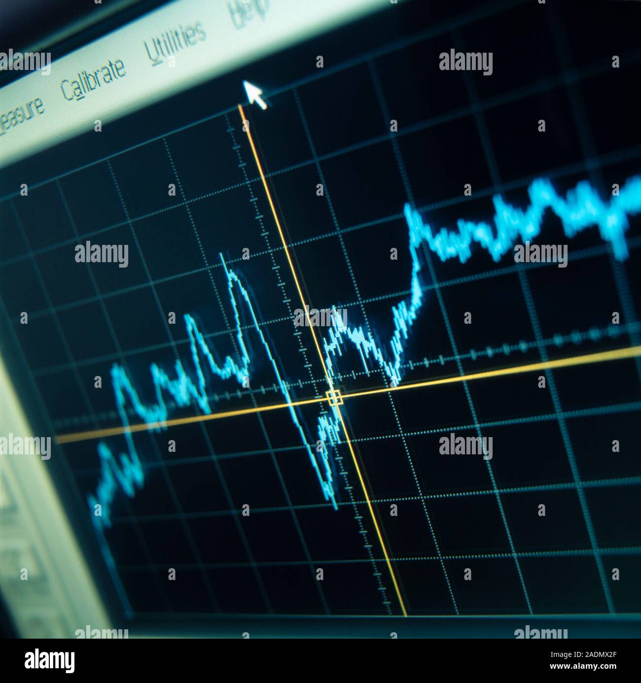 Oscilloscope trace. Screen of an oscilloscope showing a trace of