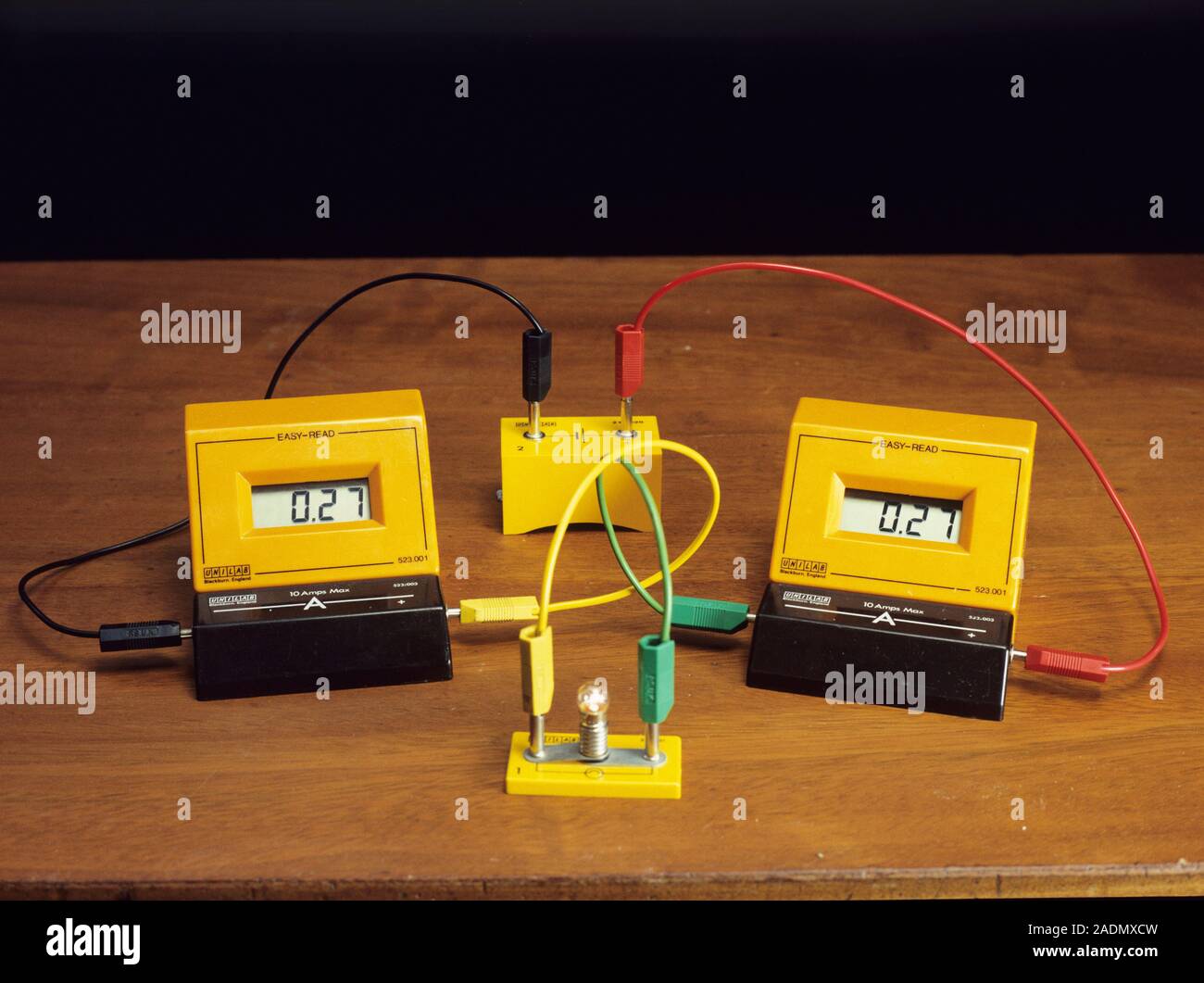 Simple electrical circuit. Two digital ammeters, a cell (battery) and a