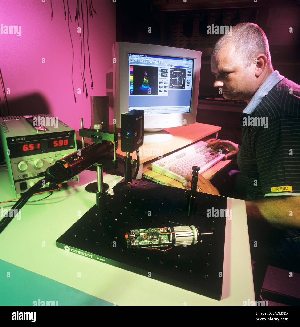 Technician testing a laser diode module. A laser diode is made of two