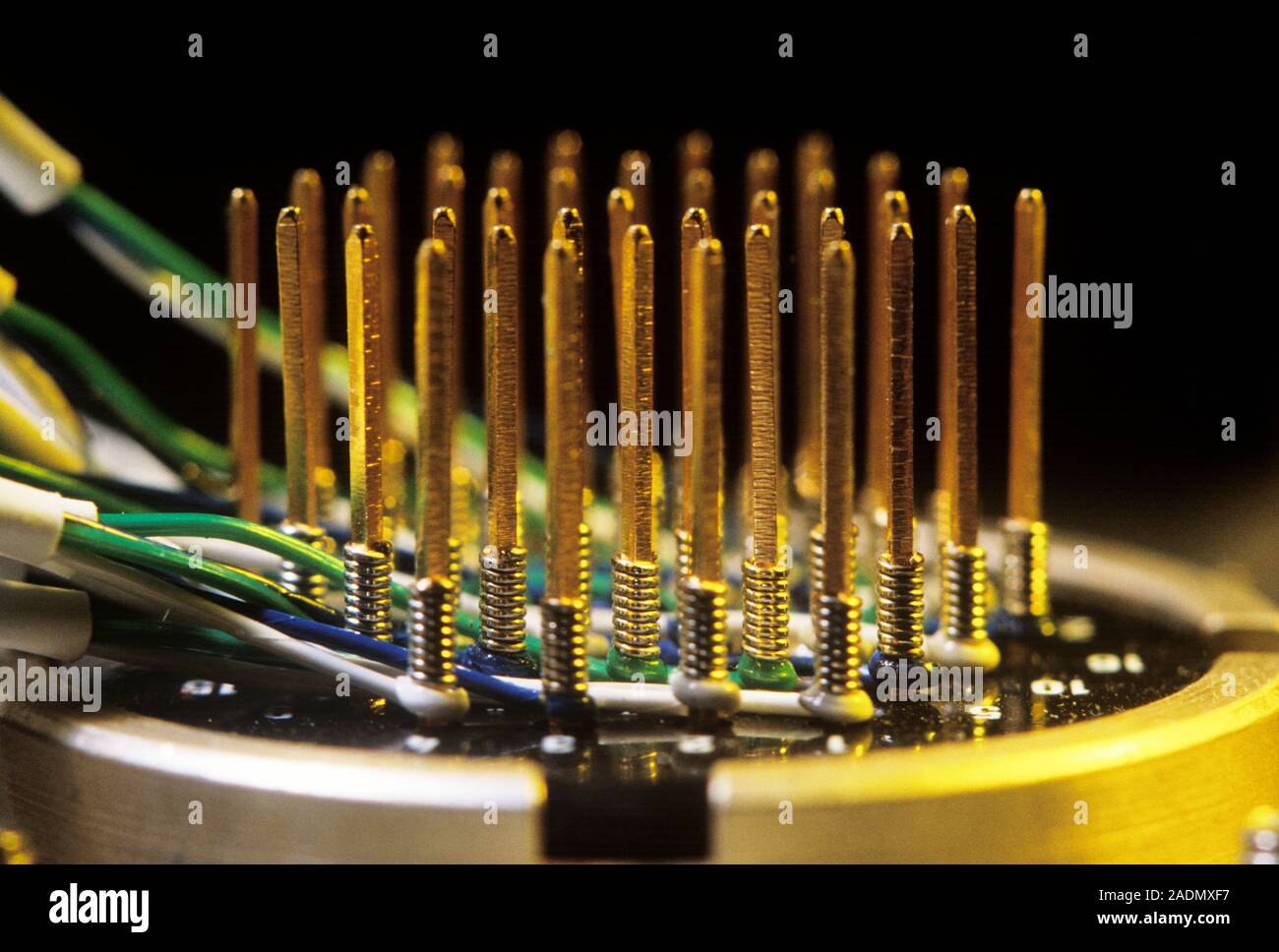 Electrical connector pins in a plug. This connector is used in aircraft electronics (avionics). Stock Photo