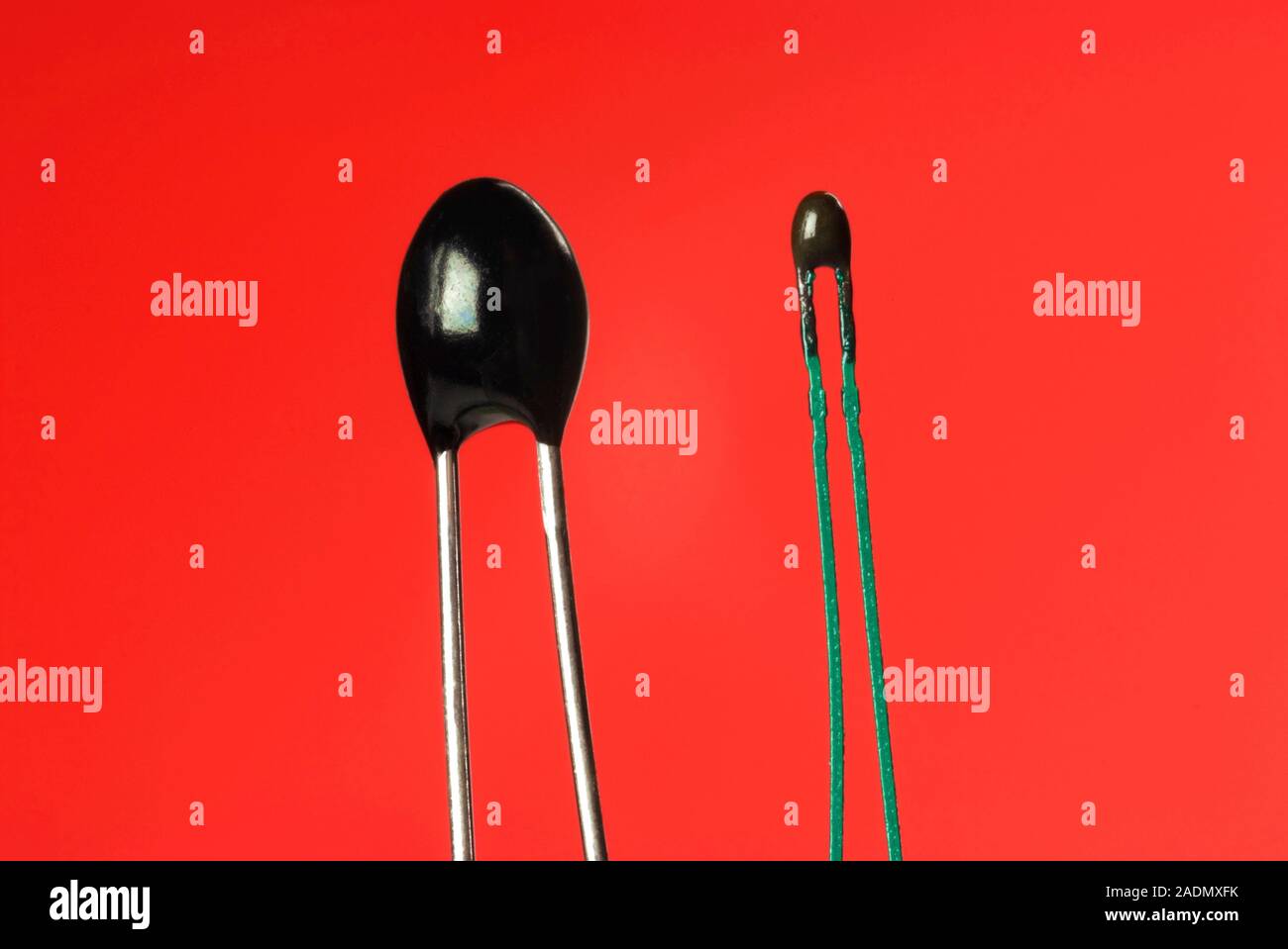 Disc and bead thermistors. Disc (left) and bead (right) thermistors