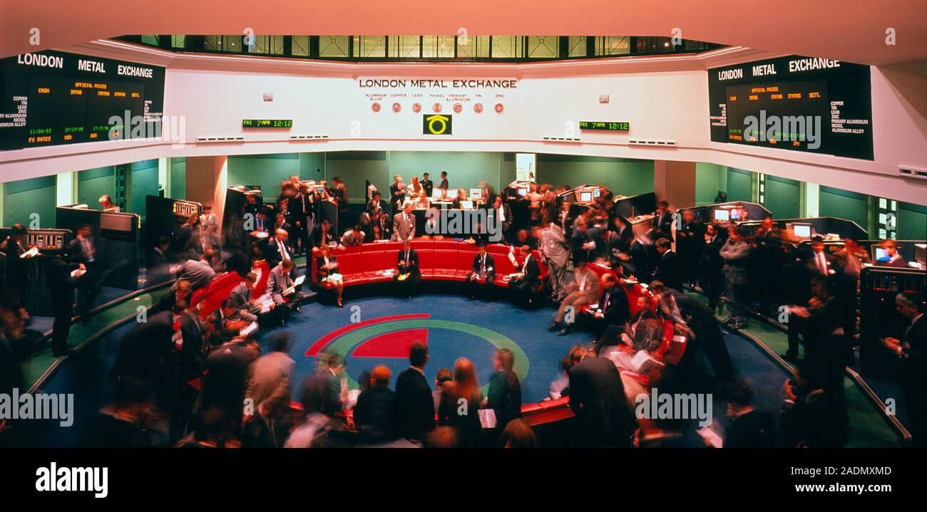 London Metal Exchange. View of traders on the floor of the International Metal Exchange in London. Here traders deal in the supply of metals: aluminiu Stock Photo