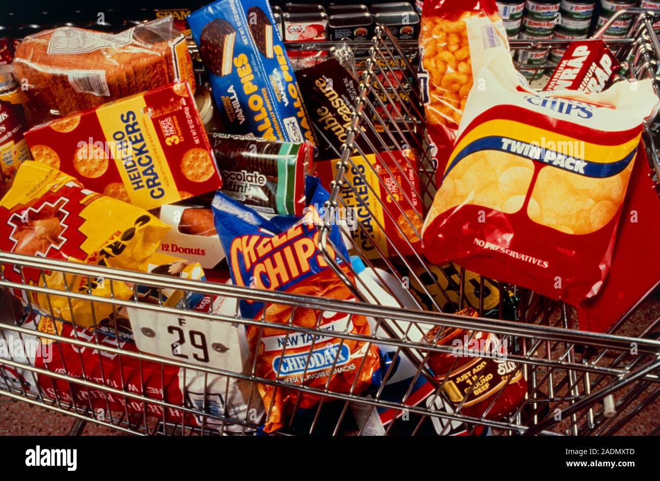 Junk food. Packets of junk food in a supermarket shopping trolley. Amongst the unhealthy snacks