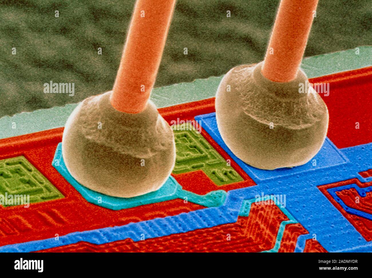 Micro-wires bonded on a silicon chip. Coloured Scanning Electron ...