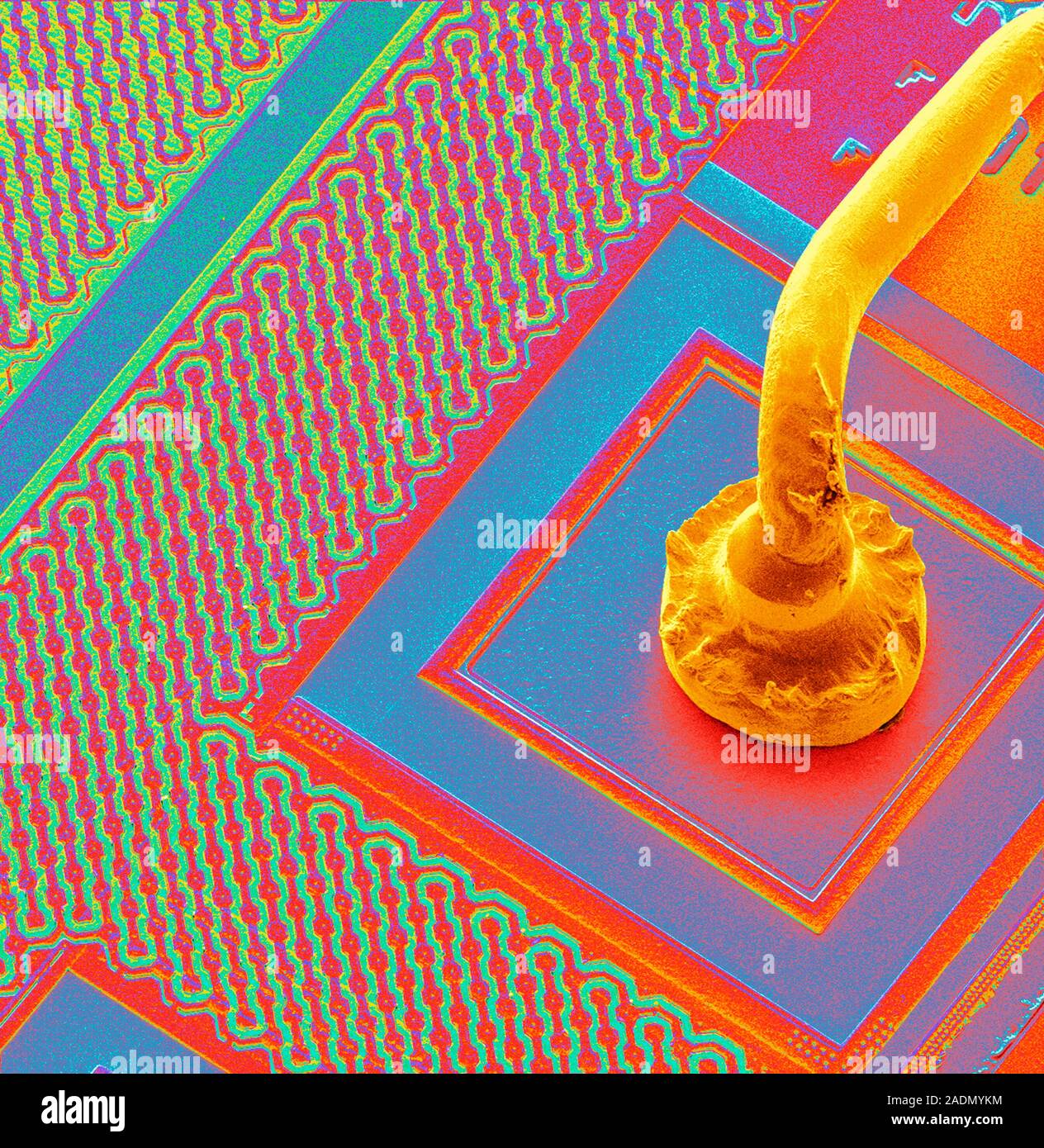 Micro-wire. Coloured scanning electron micrograph (SEM) of a micro-wire ...