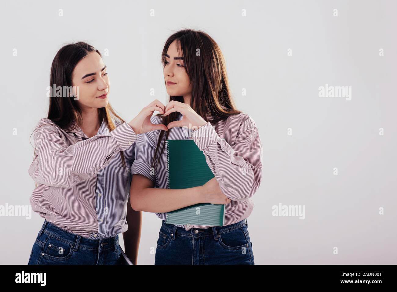 Showing gesture of love. Two sisters twins standing and posing in the studio with white background Stock Photo
