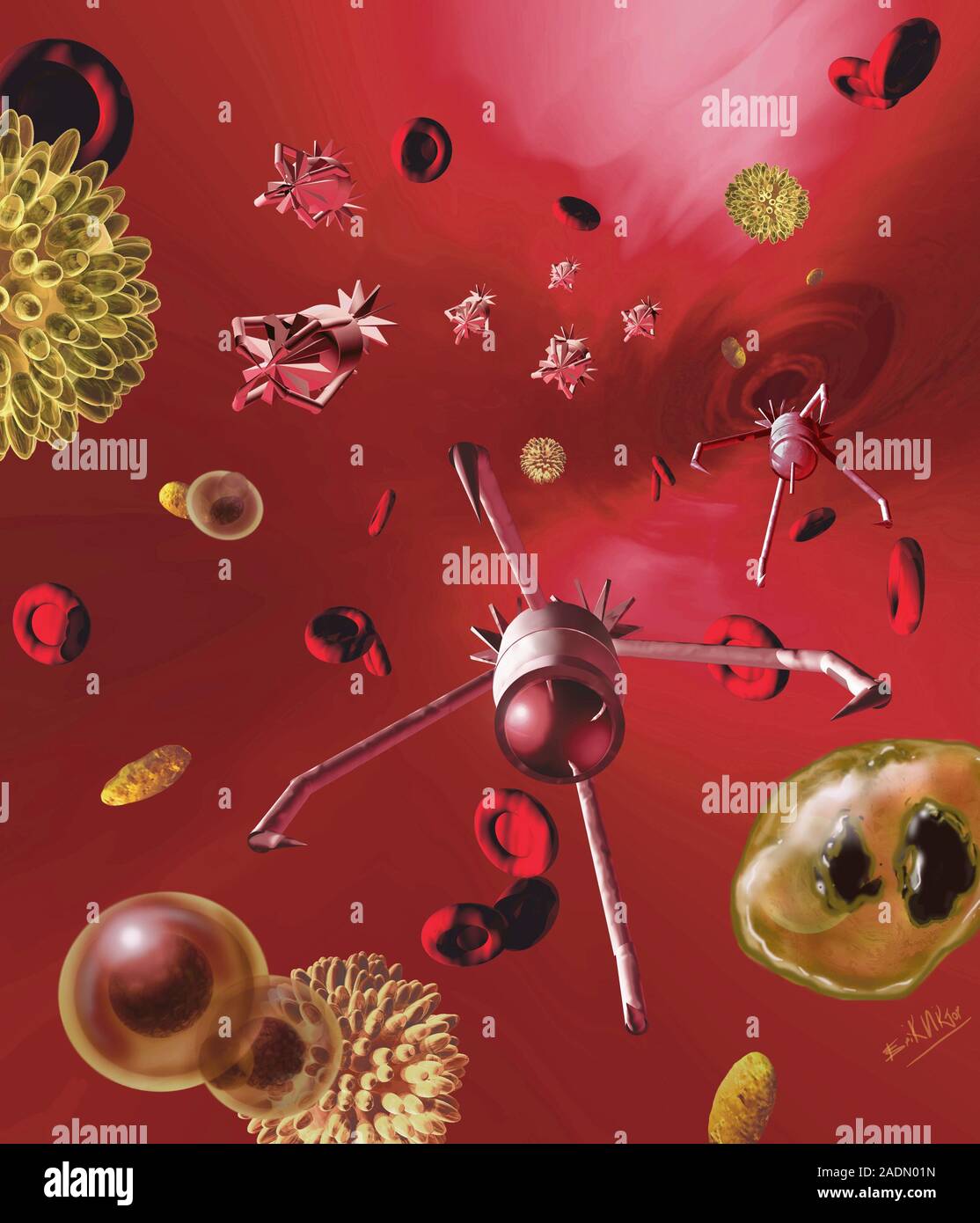 Medical nanorobots. Computer illustration of nanorobots at work in a ...