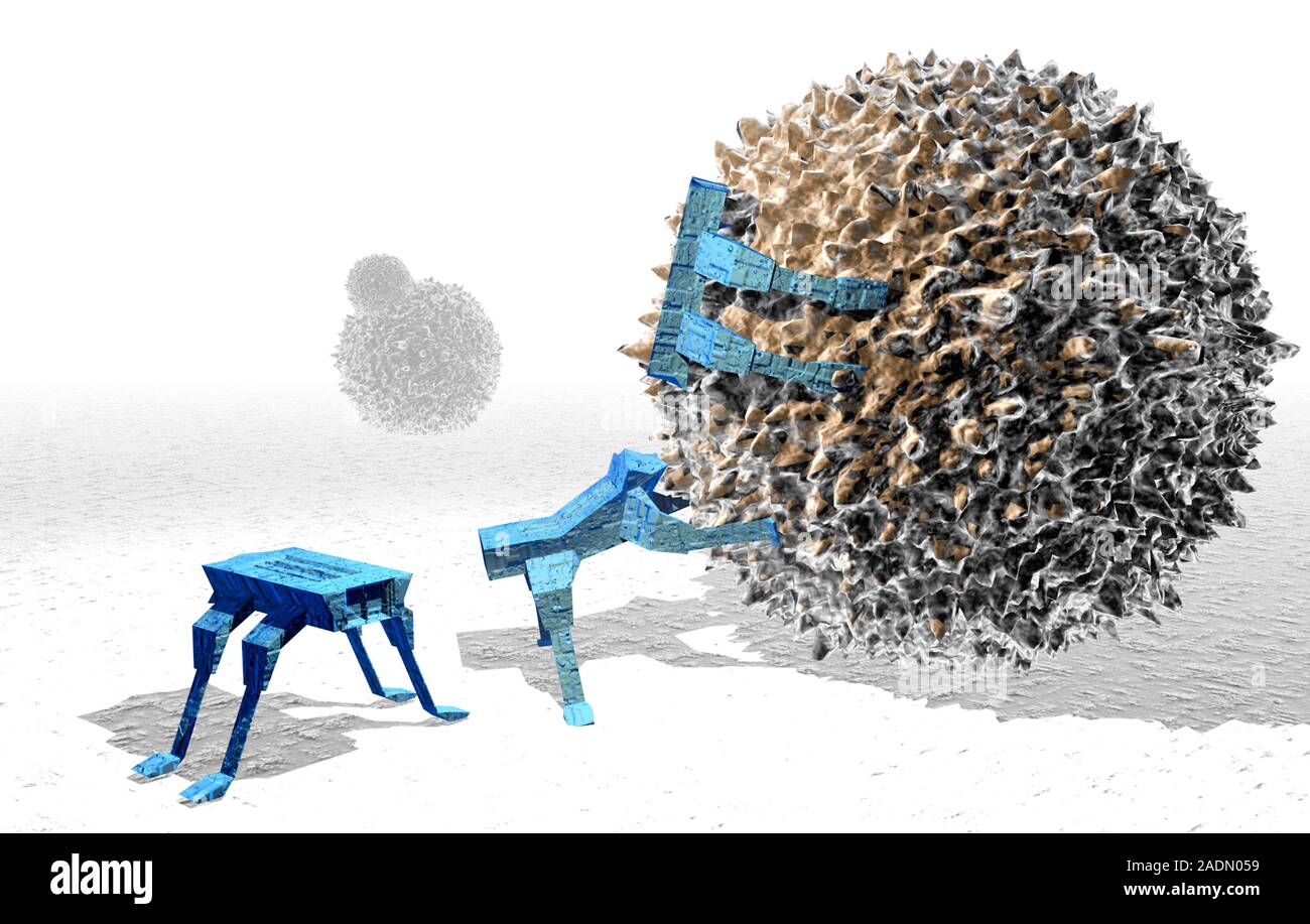 Medical nanorobots. Computer artwork of nanorobots killing a cancer ...