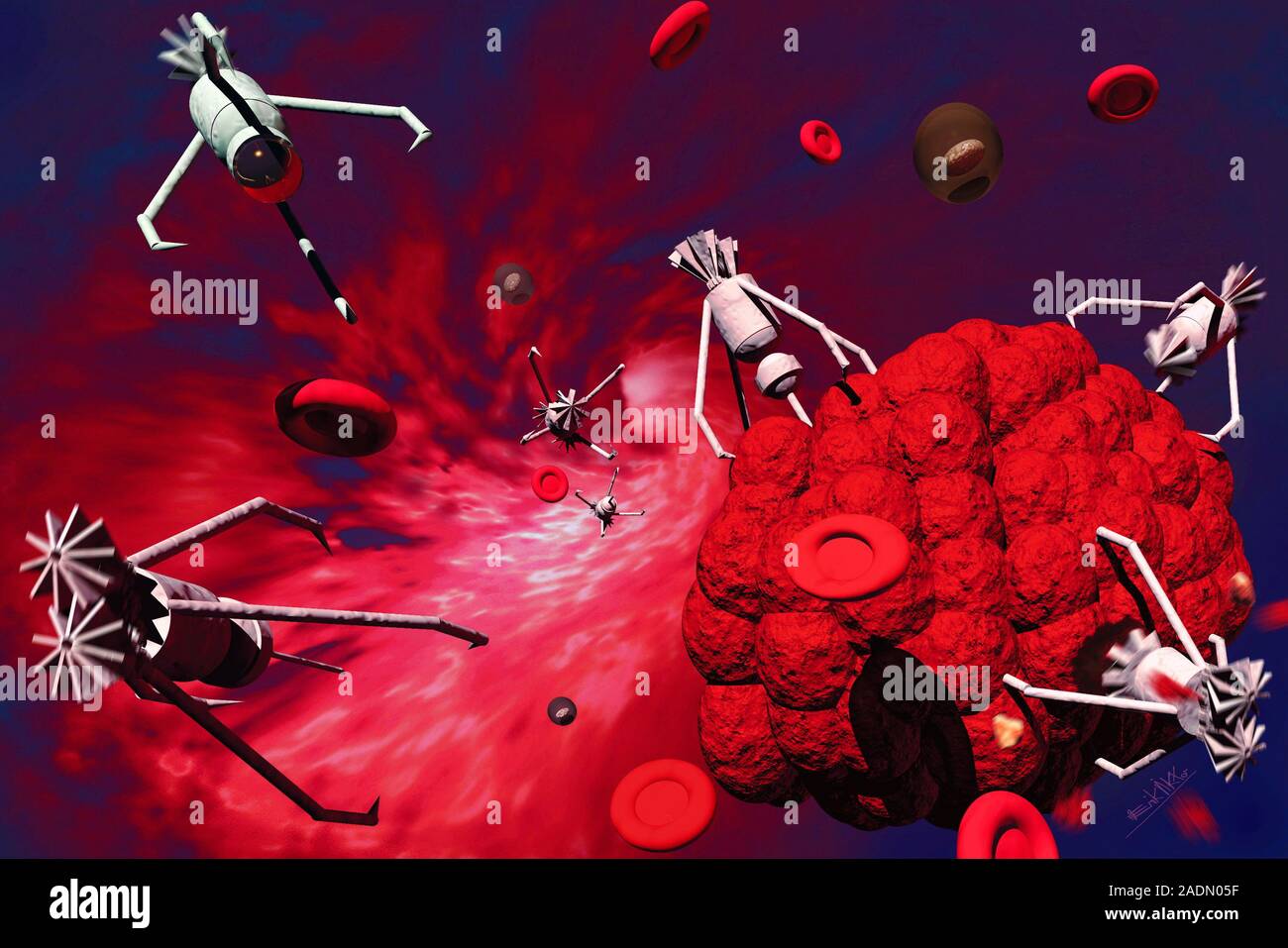 Medical nanorobots. Computer artwork of medical nanorobots (grey ...
