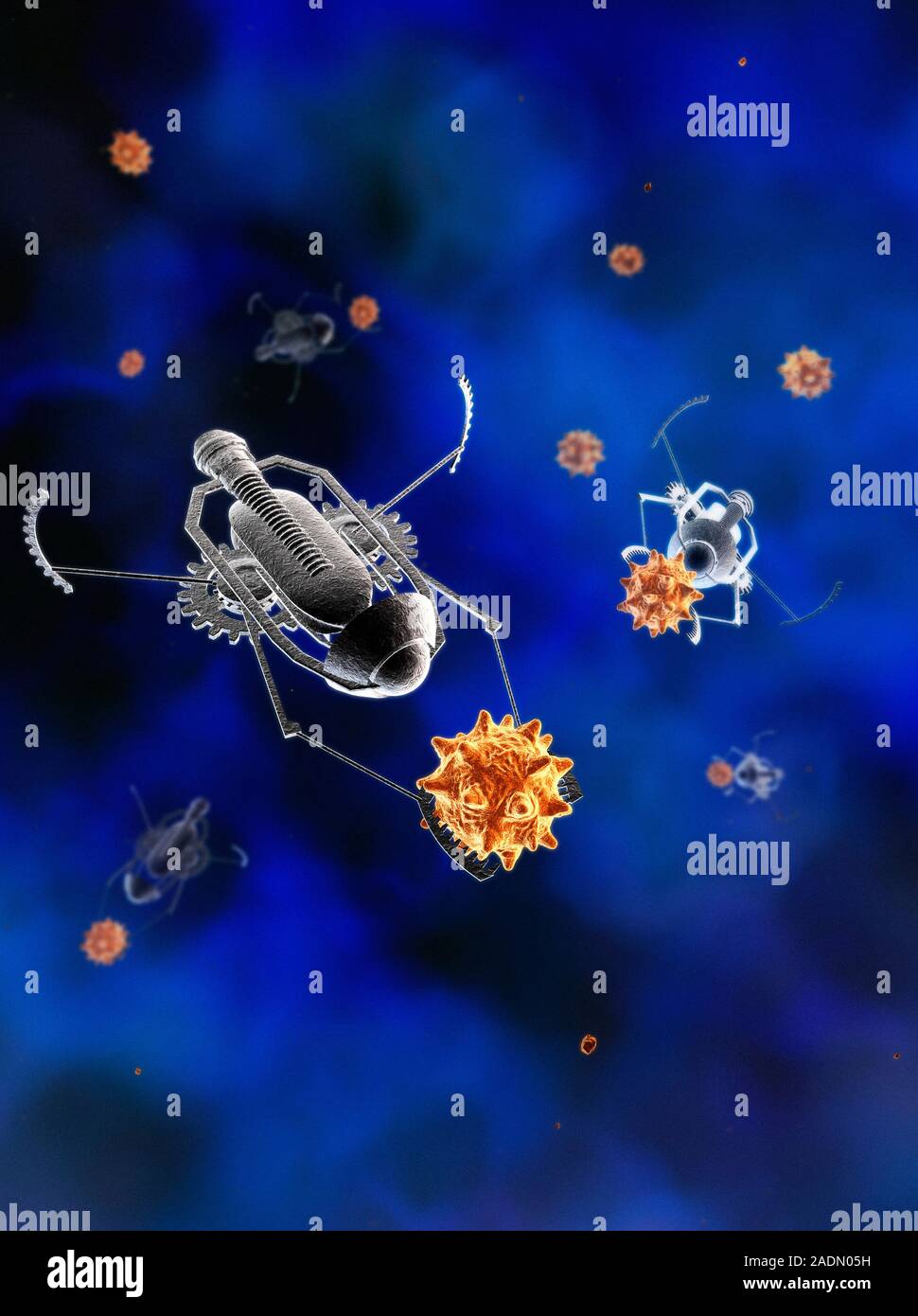 Medical nanorobots. Computer artwork of nanorobots attacking pathogens ...