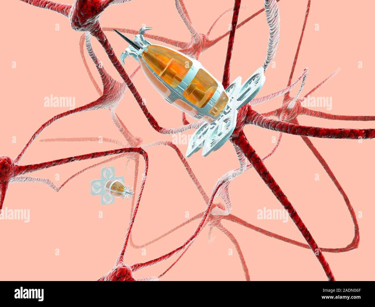 Neurological nanorobots. Computer artwork of two nanorobots among nerve ...