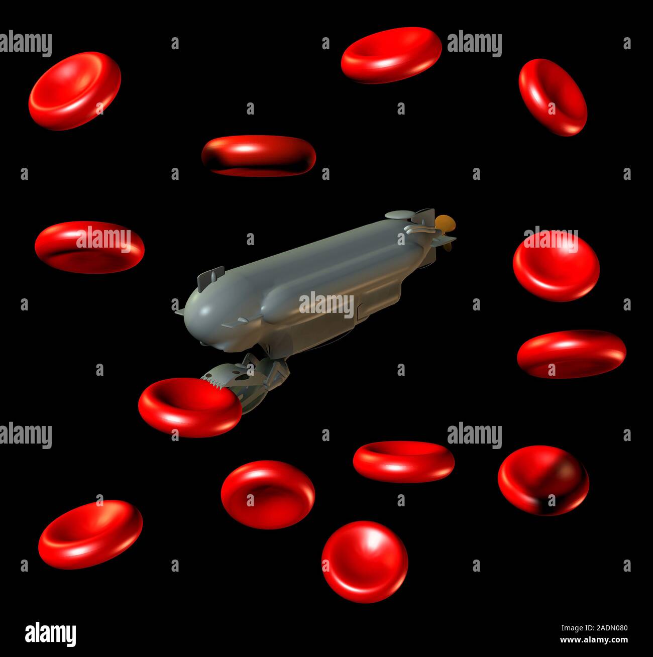 Medical nanorobot. Computer artwork of a nanorobot and red blood cells ...