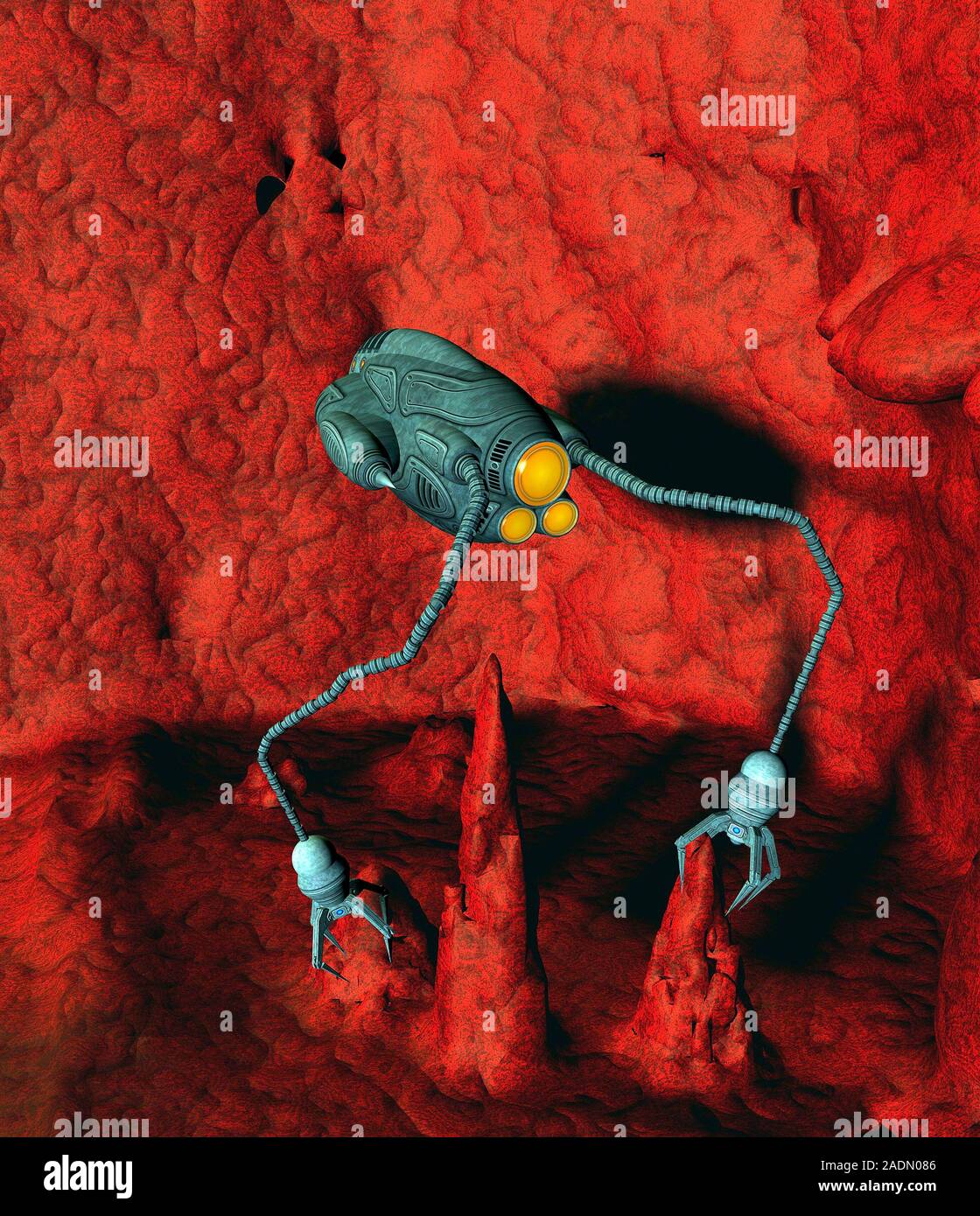 Medical nanorobot. Computer artwork of a nanorobot in a blood vessel ...