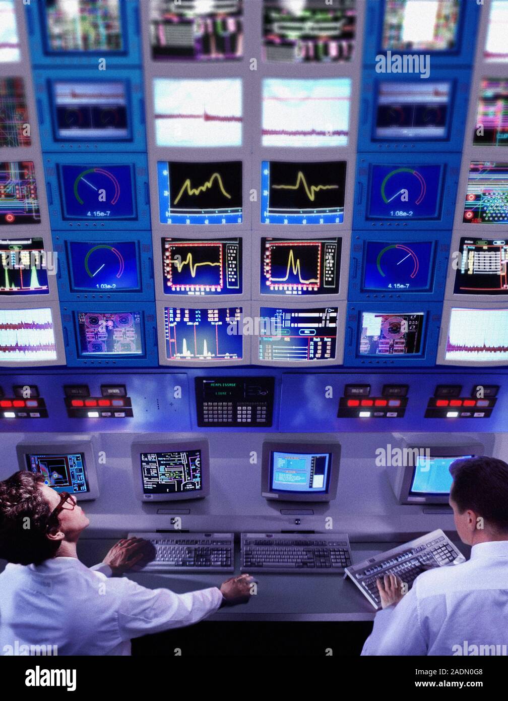 Computer control room. Conceptual composite image of technicians ...