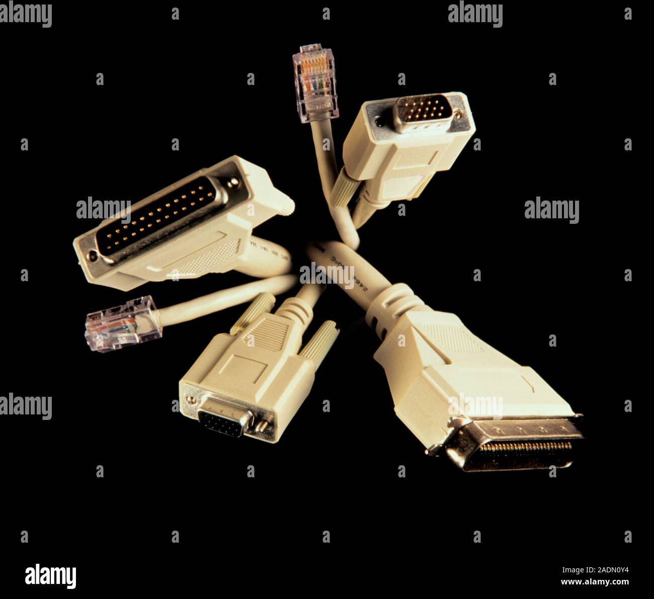 Computer hardware connectors. View of several different types of ...