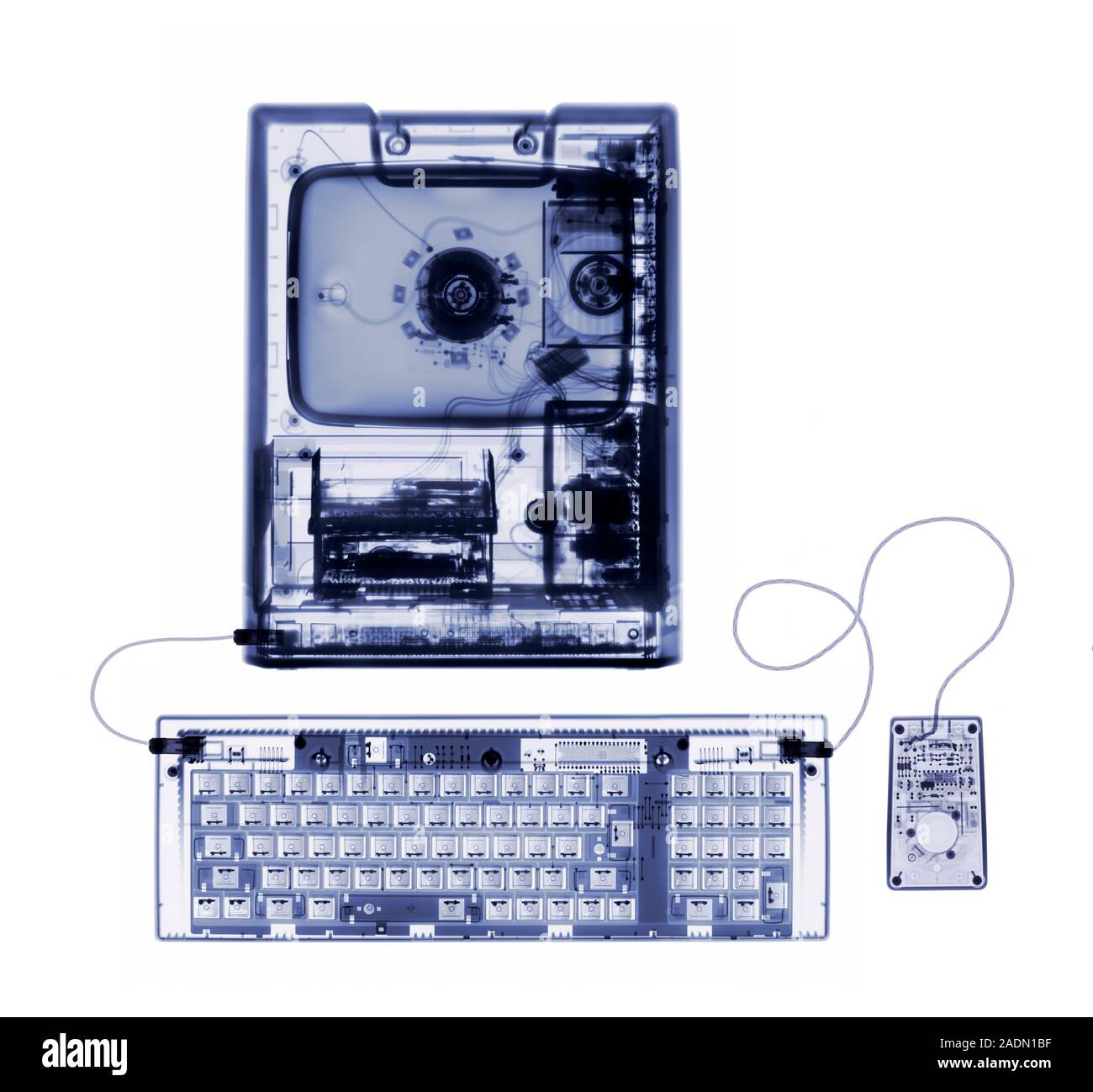 Desktop computer. X-ray of an Apple Macintosh Classic computer. The computer's screen (top centre), hard drive and central processing unit (CPU, centr Stock Photo