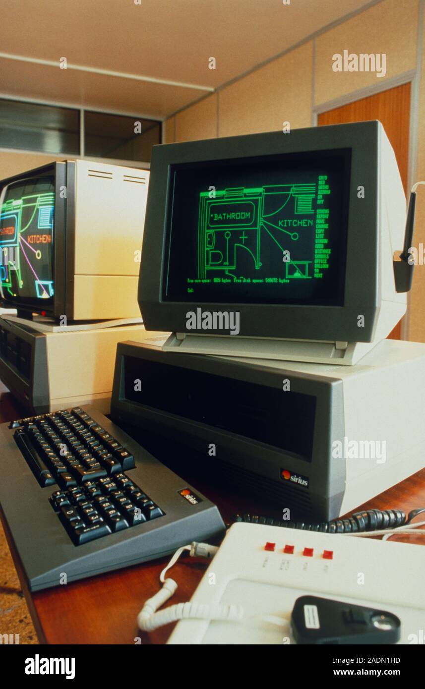 Keypad, processor unit and screen of the Sirius microcomputer, featuring a graphics tablet & mouse (bottom right), a device used to manipulate graphic Stock Photo