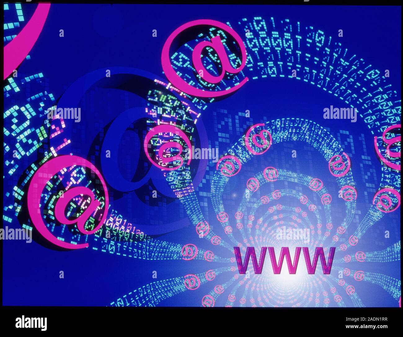 Internet. Conceptual computer artwork representing the internet, including electronic mail (e-mail) and the World Wide Web (WWW). The symbol @" (mea Stock Photo