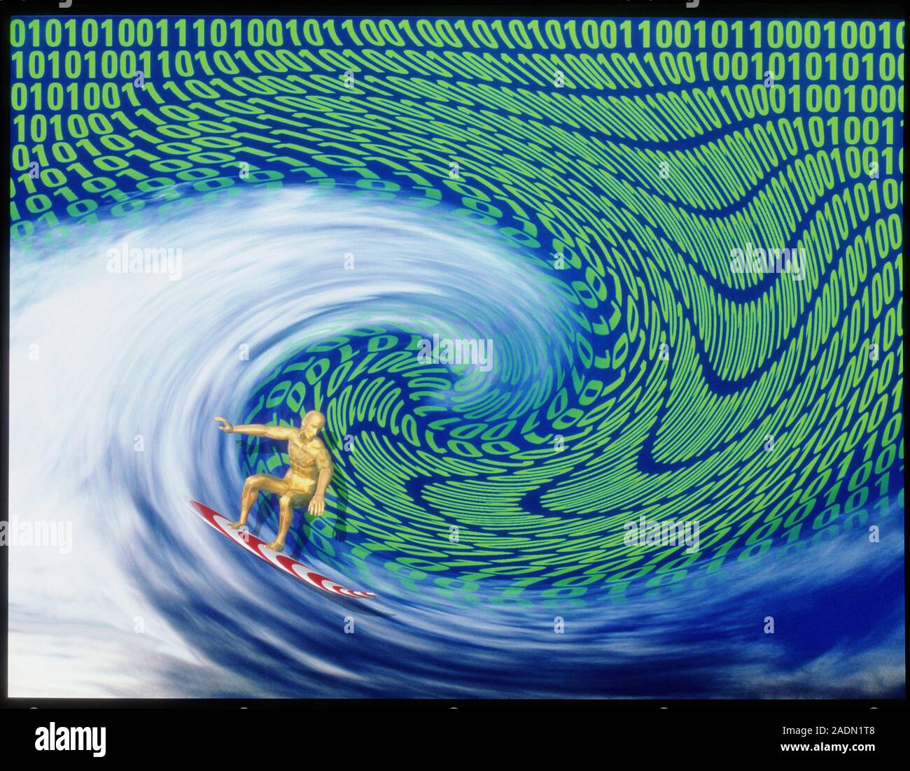 Surfing the internet. Abstract computer artwork of a surfer riding a wave on a background of binary digits. Surfing is a term used to describe the pro Stock Photo