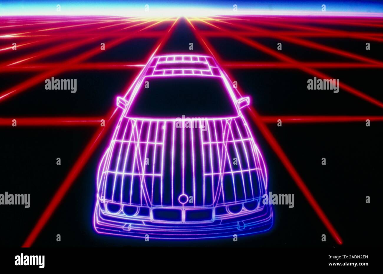 Wireframe computer graphic image of a car superimposed on a