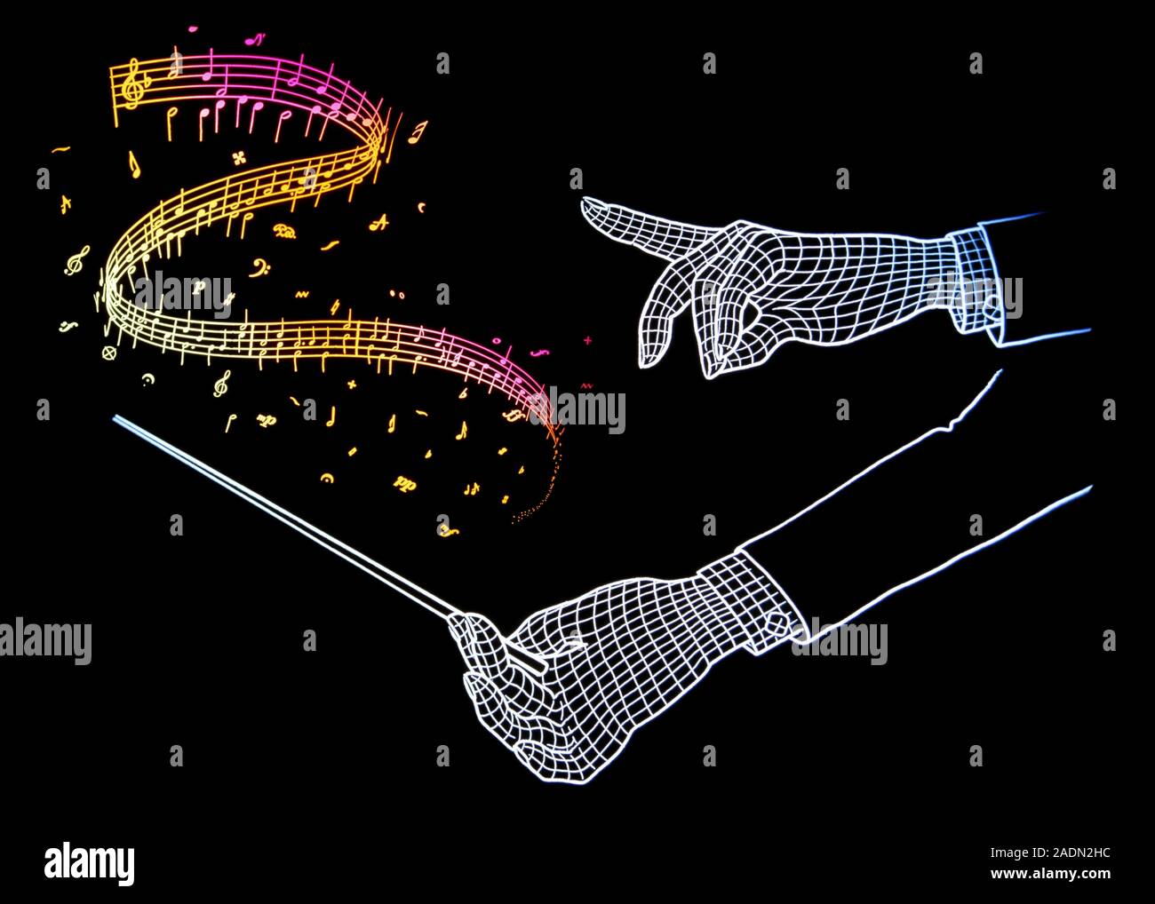 Abstract composition of an orchestral conductor’s hands & baton, with a