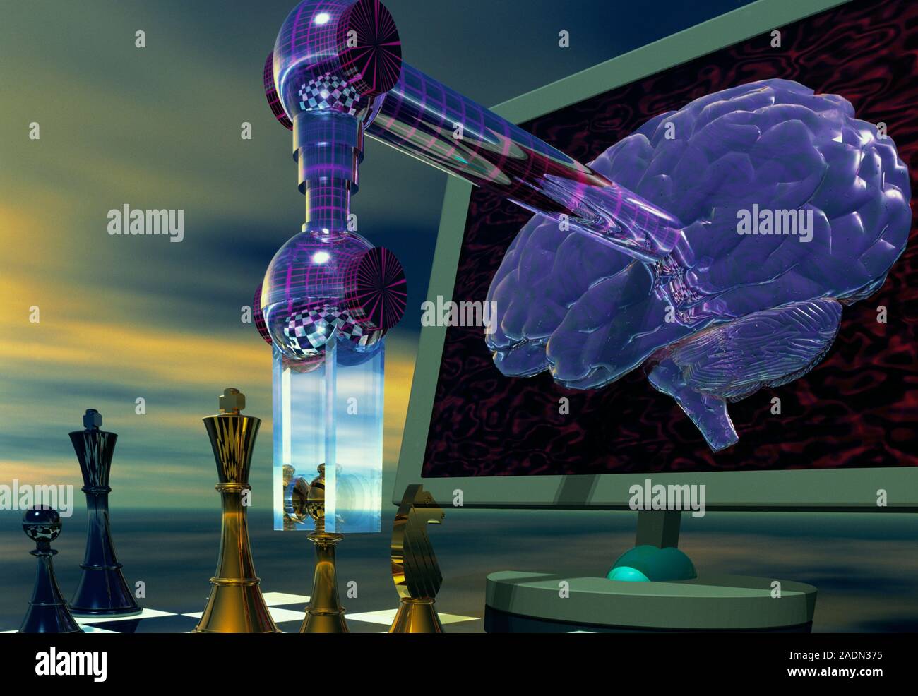 Chess computer. Conceptual computer artwork representing a chess-playing artificial intelligence. Computers such as IBM's Deep Blue can now beat human Stock Photo
