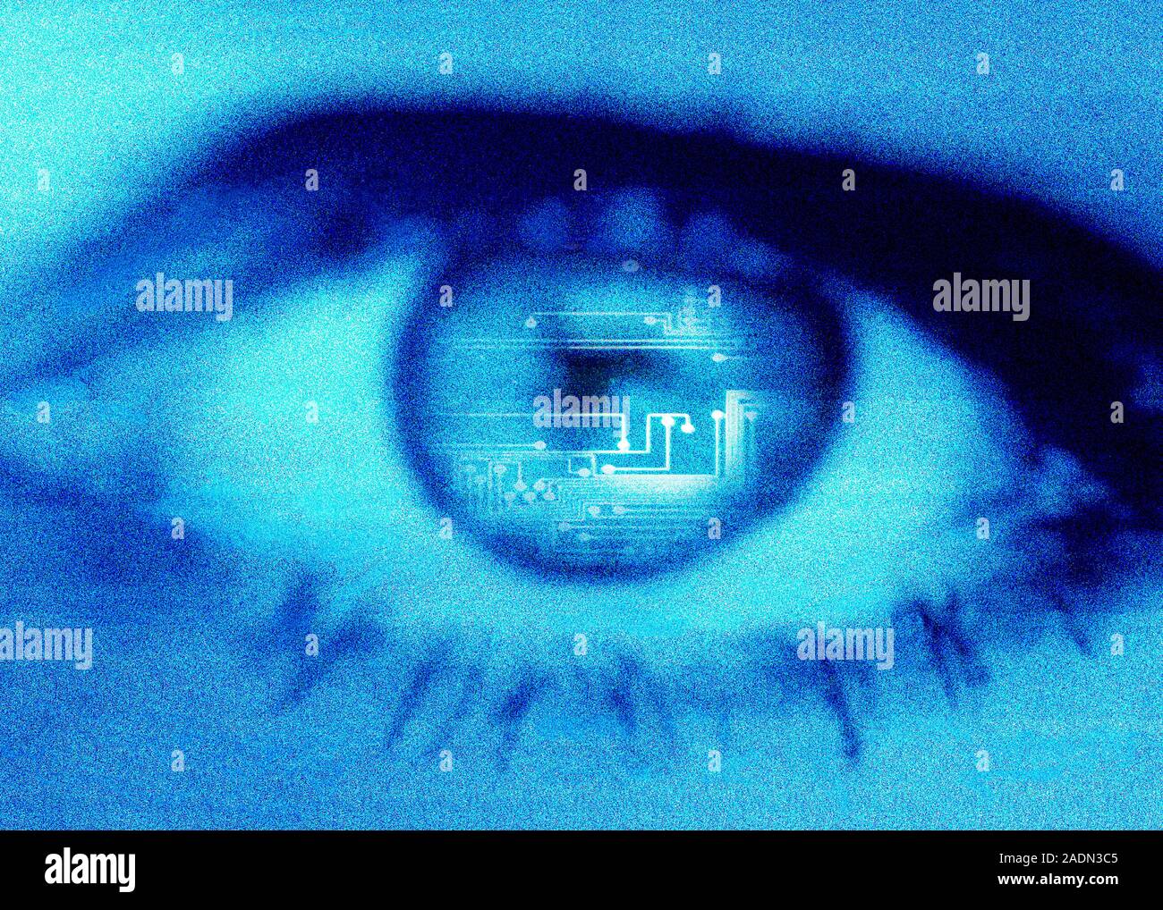 Artificial intelligence, conceptual artwork. Electronic circuitry is seen behind the eye. Stock Photo