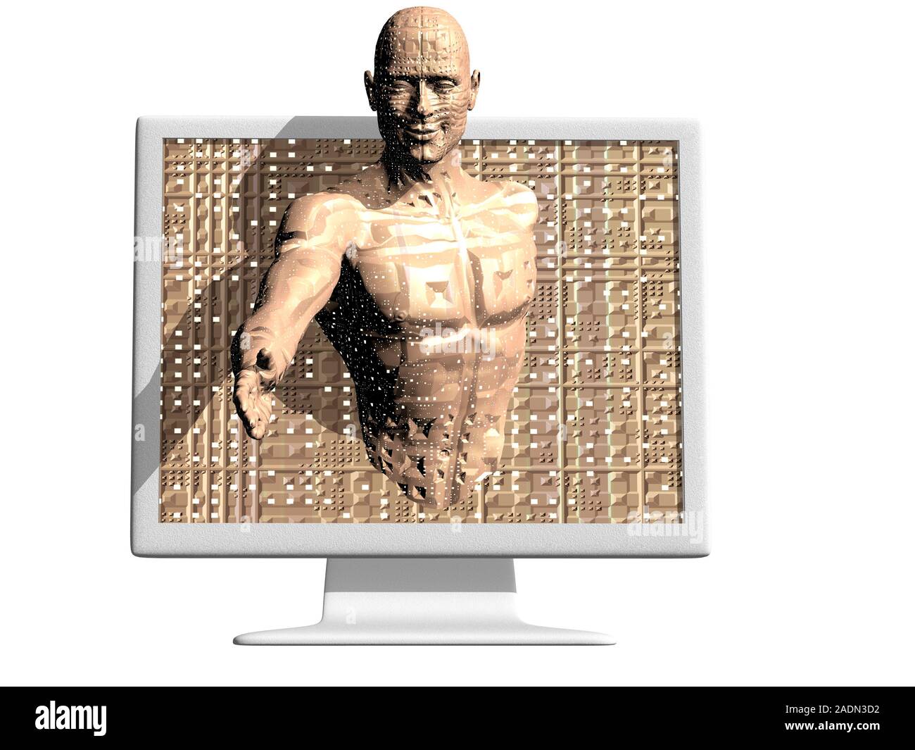 Artificial intelligence. Conceptual computer artwork showing a human figure emerging from a computer screen. Research into artificial intelligence is Stock Photo