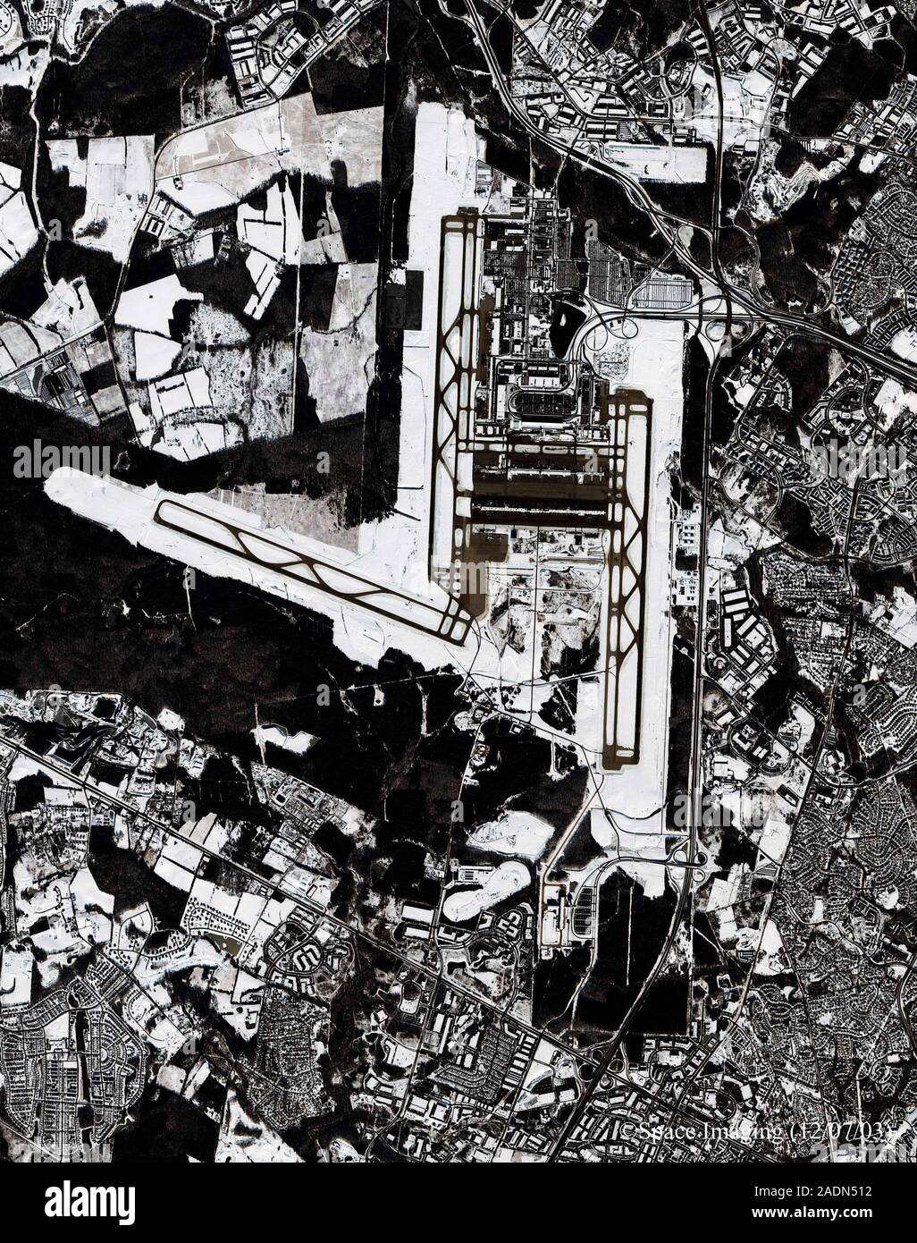 Washington International Airport. Satellite image of the runways and buildings of Washington Dulles International Airport, Virginia, USA. This is one Stock Photo