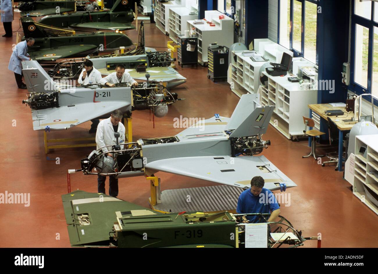 Sperwer UAV manufacture. Engineers working on the manufacture of several types of Sperwer UAVs (unmanned aerial vehicles) at a manufacturing and testi Stock Photo