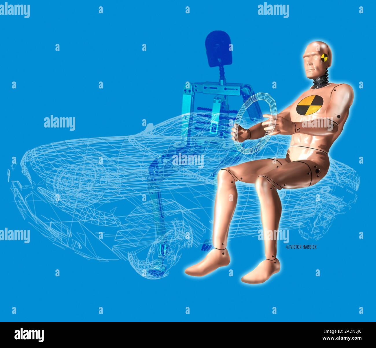 Crash test dummy. Computer artwork of a crash test dummy (centre right